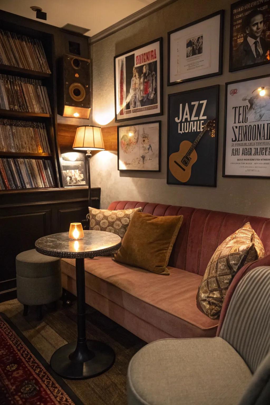 A cozy jazz lounge nook invites relaxation and conversation.