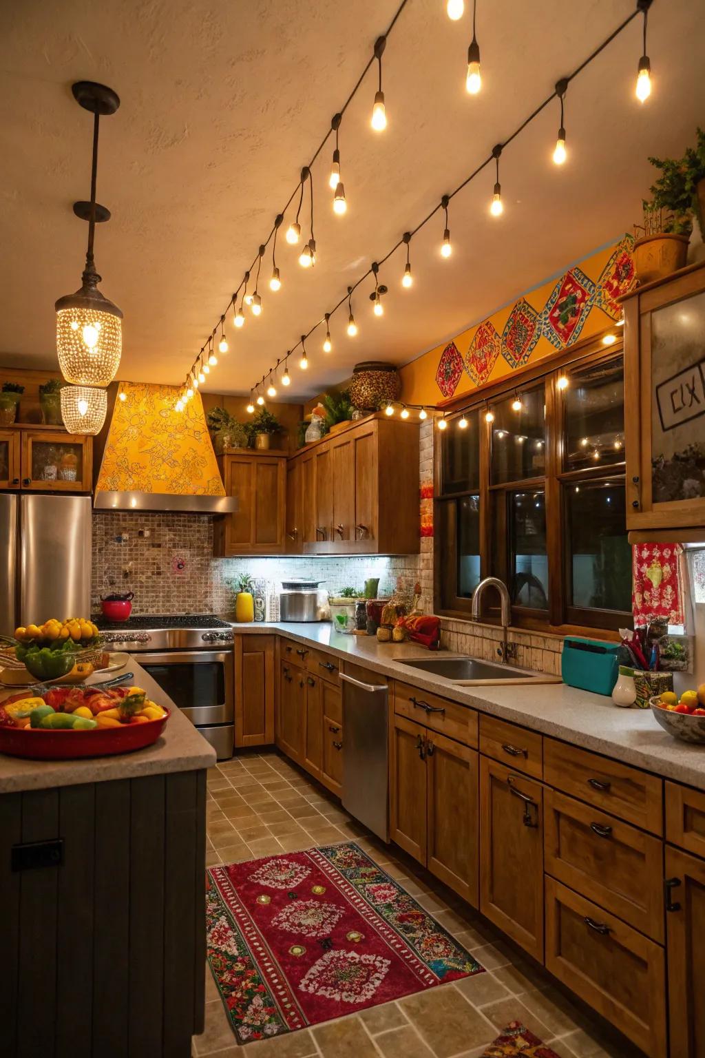 An eclectic fusion of illumination styles cultivates a distinctive and personalized culinary atmosphere.