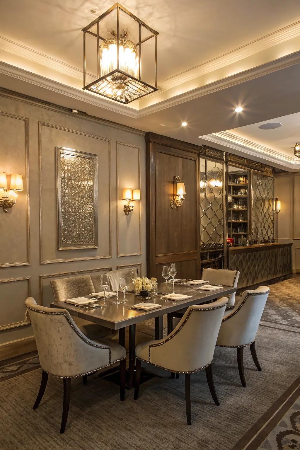 Metallic highlights that add a luxurious touch to the dining location.
