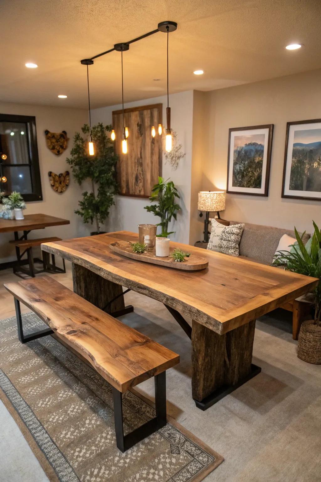 Live edge furniture establishing a cohesive nature-inspired theme within the dining room.
