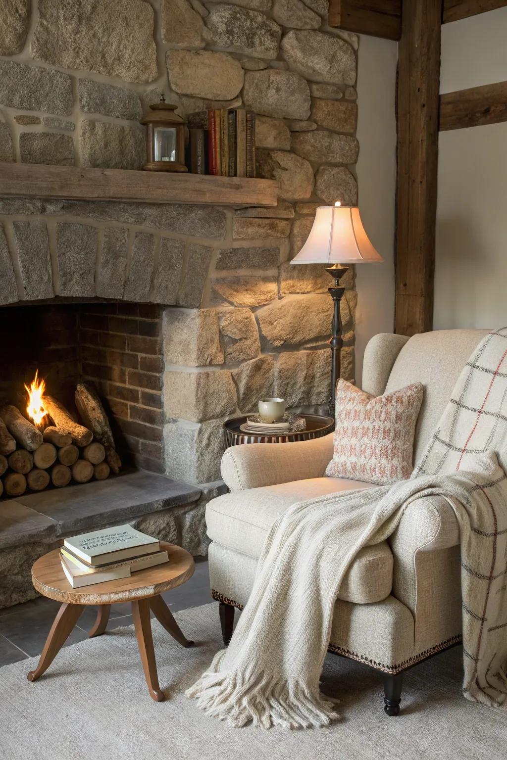 A comfortable area by the fireplace is ideal for relaxation and gatherings.
