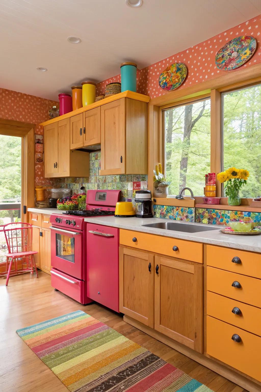 A lively culinary space with lightwood units and vibrant color contrasts for an energetic feel.