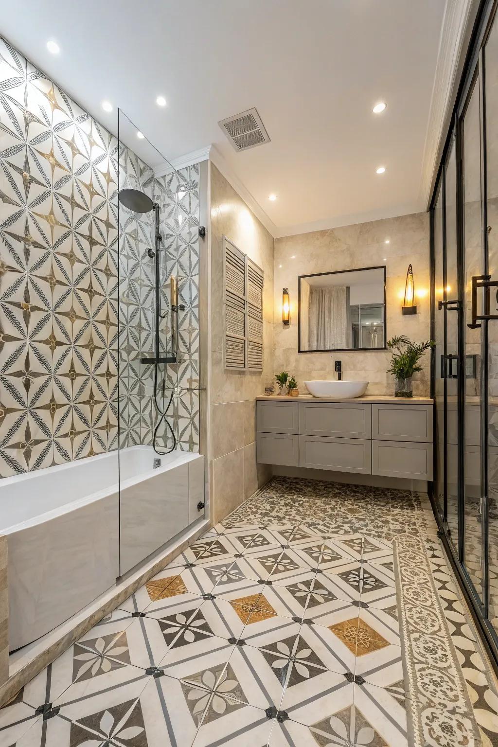 Bold geometric patterns in limestone-effect porcelain tiles showcase modern design flair.