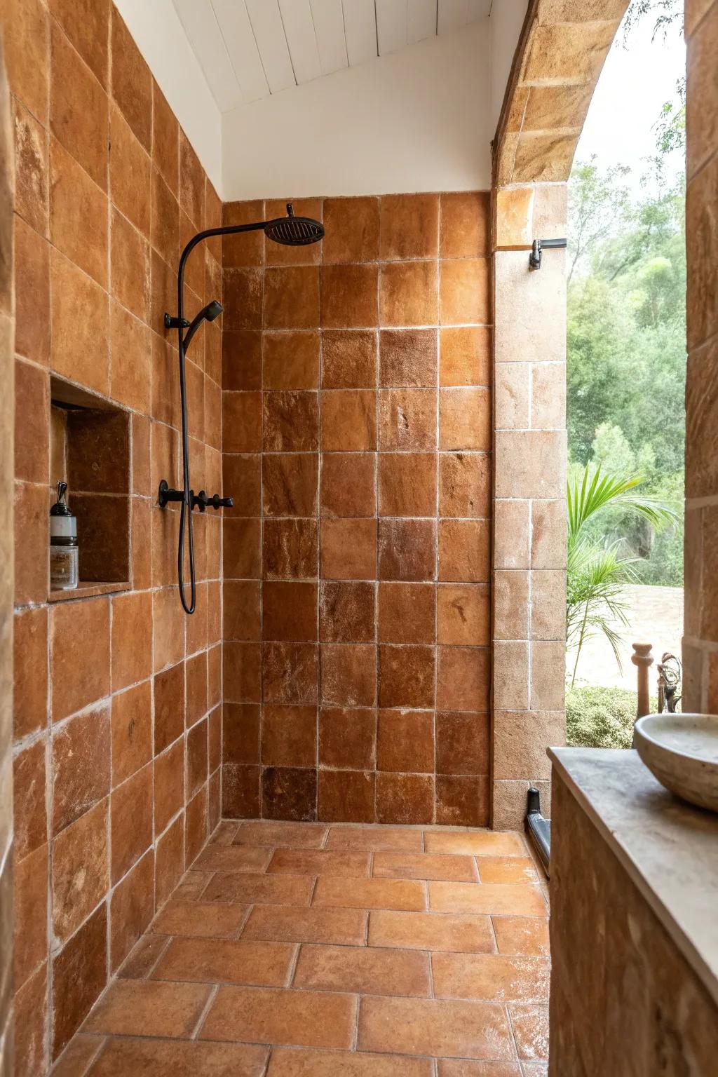 A shower stall exhibiting organic earthenware pavers for a heated, rustic sensation.