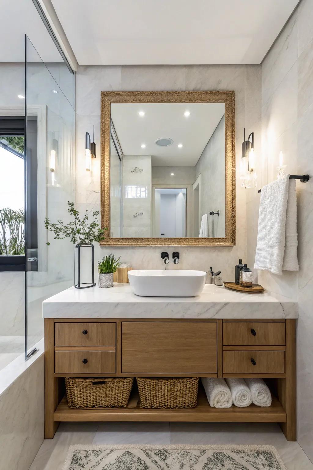 Stylish mirrors elevate bathroom decor with flair.
