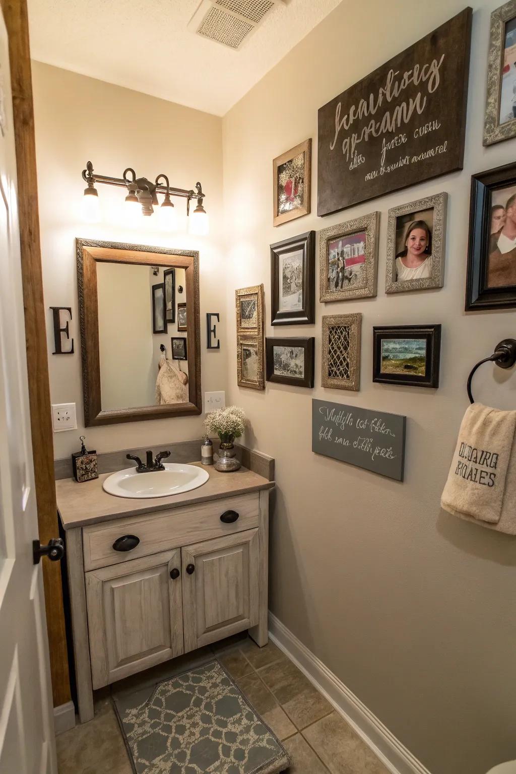 Beloved photos and custom signs enrich a powder room.