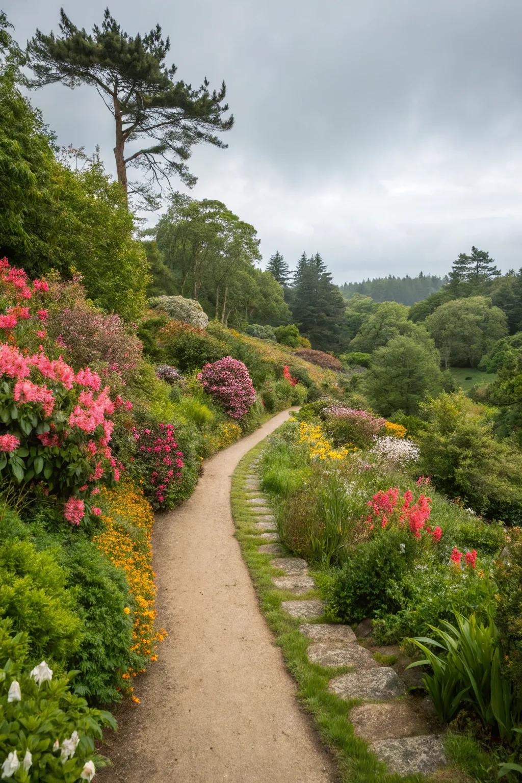 A garden walkway that follows natural contours, crafting harmony with the landscape.