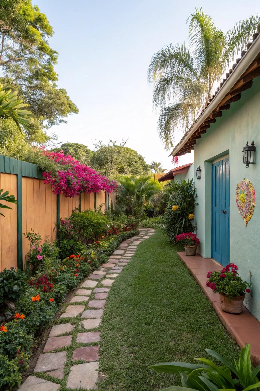 A vibrant wall introduces a playful aspect to the yard.