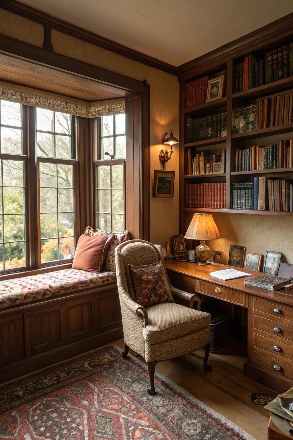 A comforting corner suited for losing oneself within a book due to the window bench
