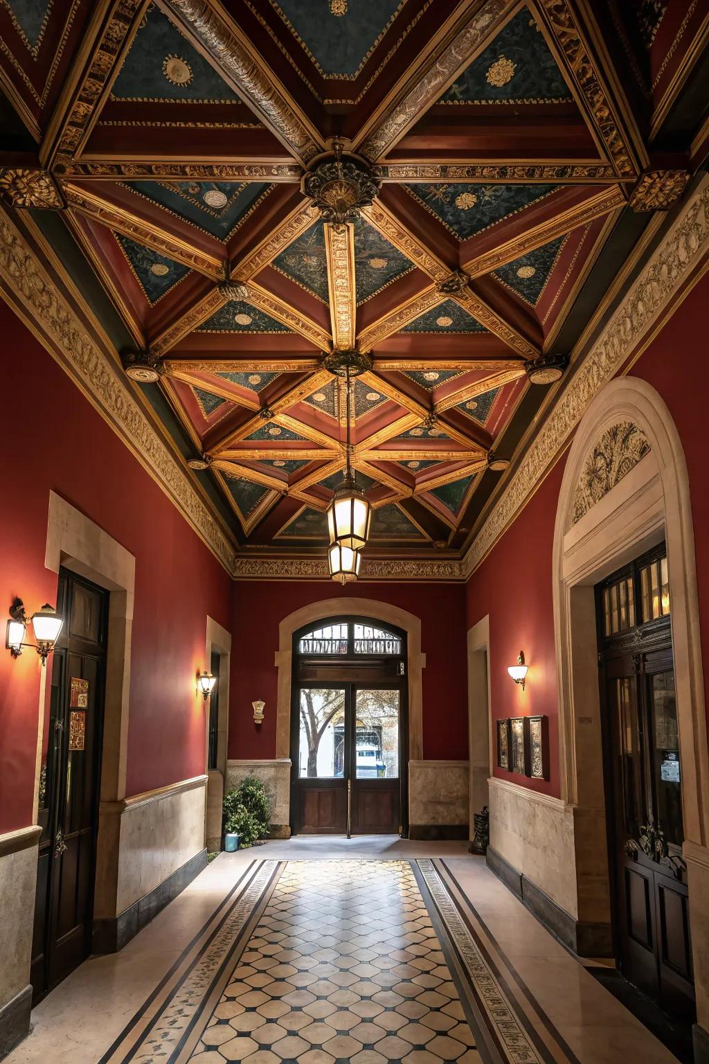 Ceiling designs throughout an entryway append dimension and an unexpected element of surprise.