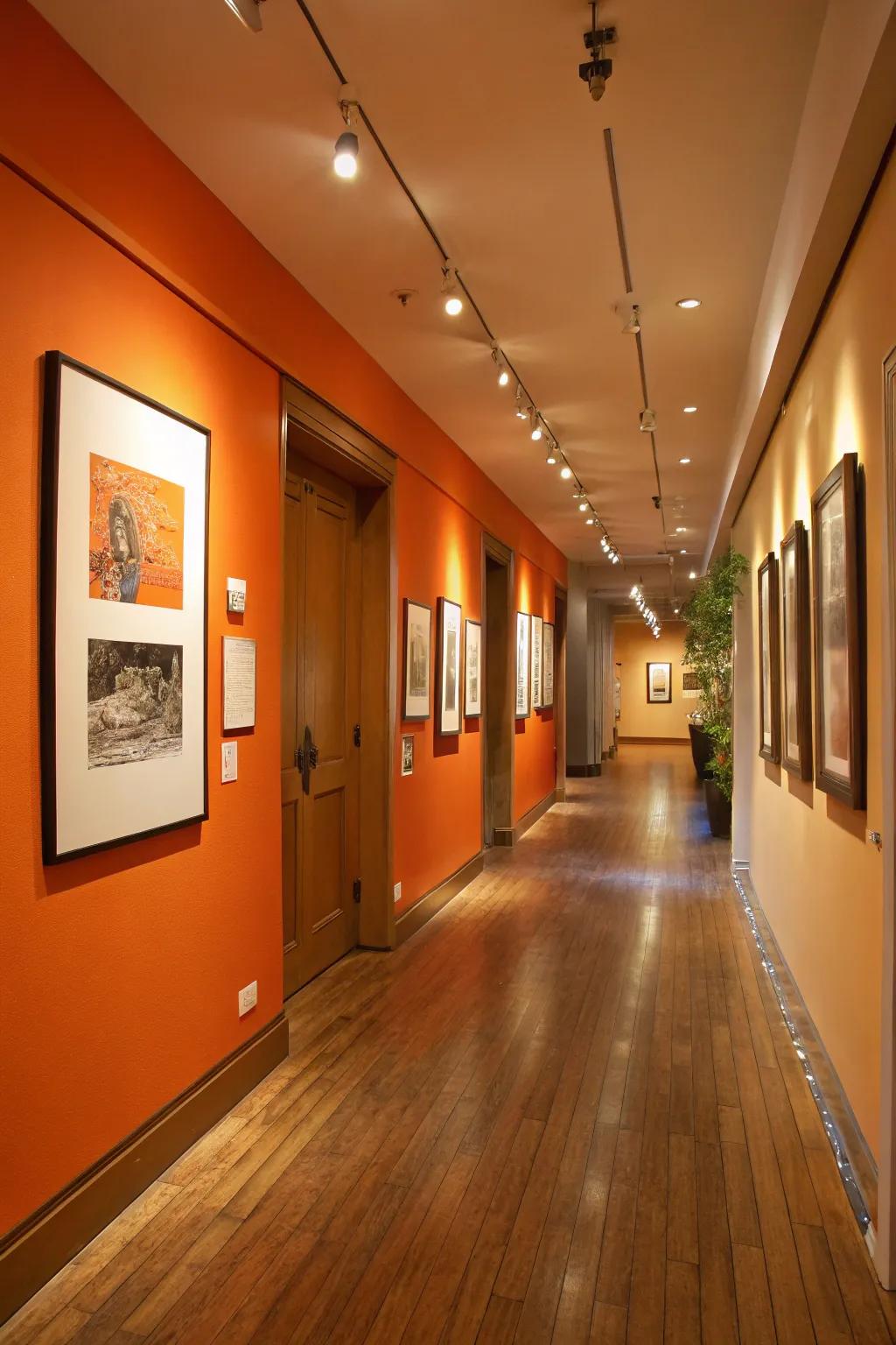 An entrance hall transformed into an artful haven with an orange-inspired gallery wall.
