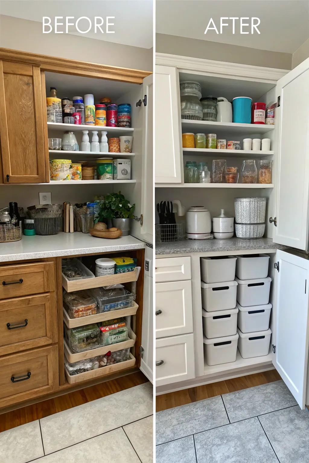Before and after images show a dramatic cabinet makeover.