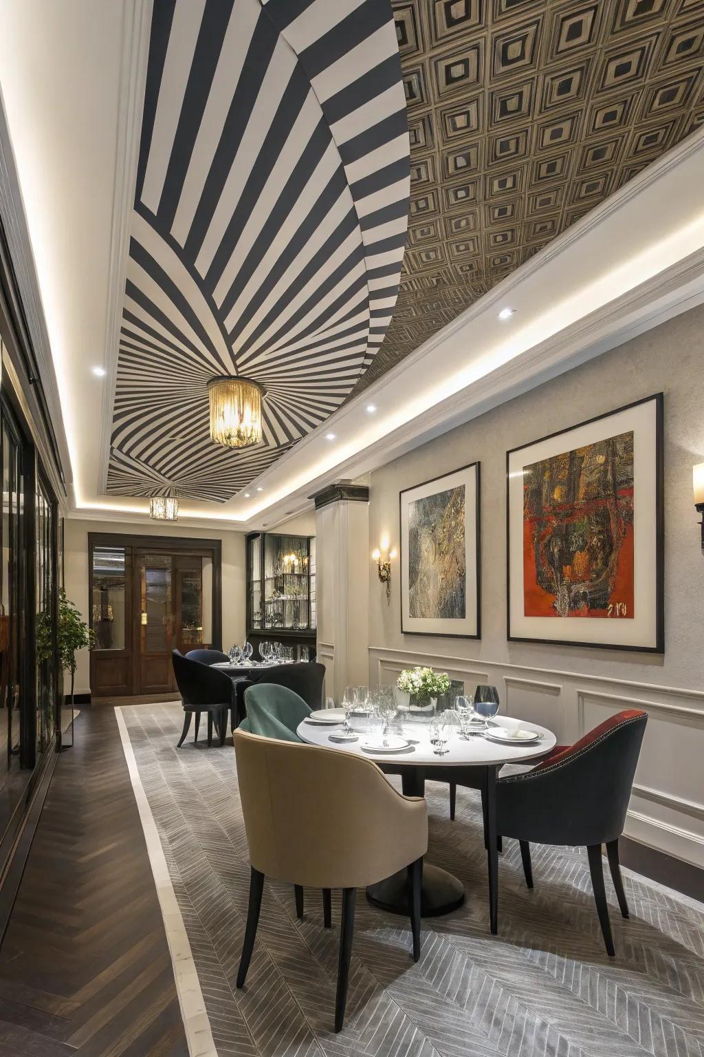 Banded ceilings have the potential to fashion intriguing visual illusions.