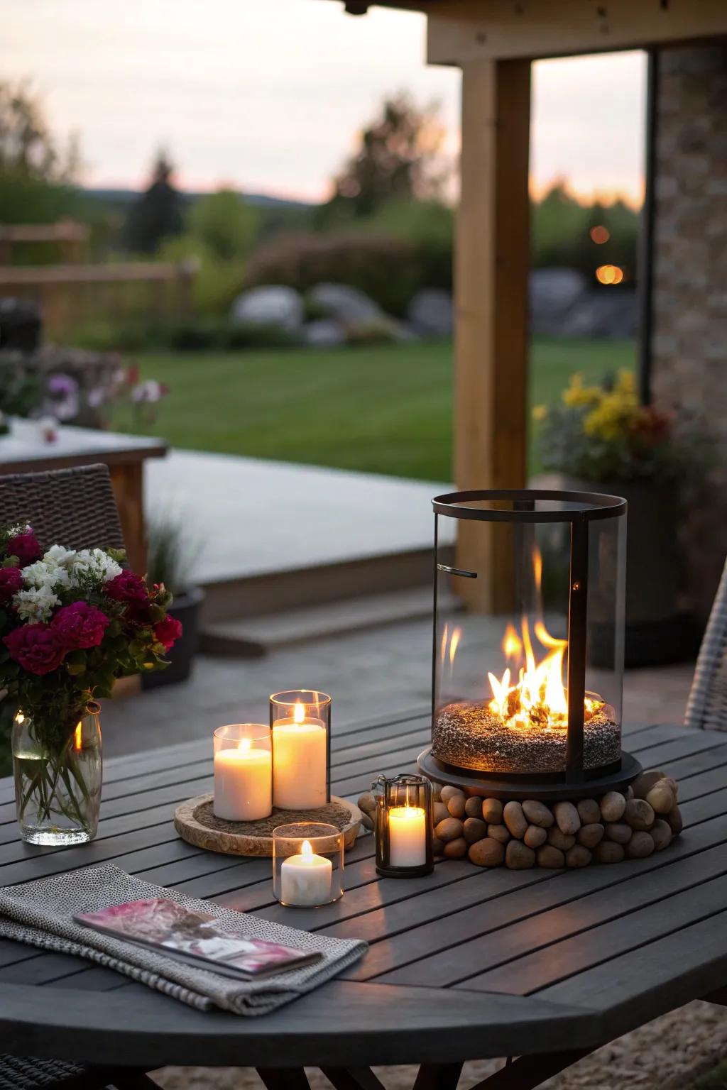 A tabletop hearth appends warmth and a nuance of opulence to snug twilights.