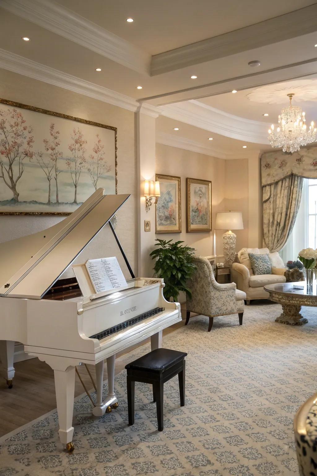 A serene retreat enhances the musical experience in the piano room.