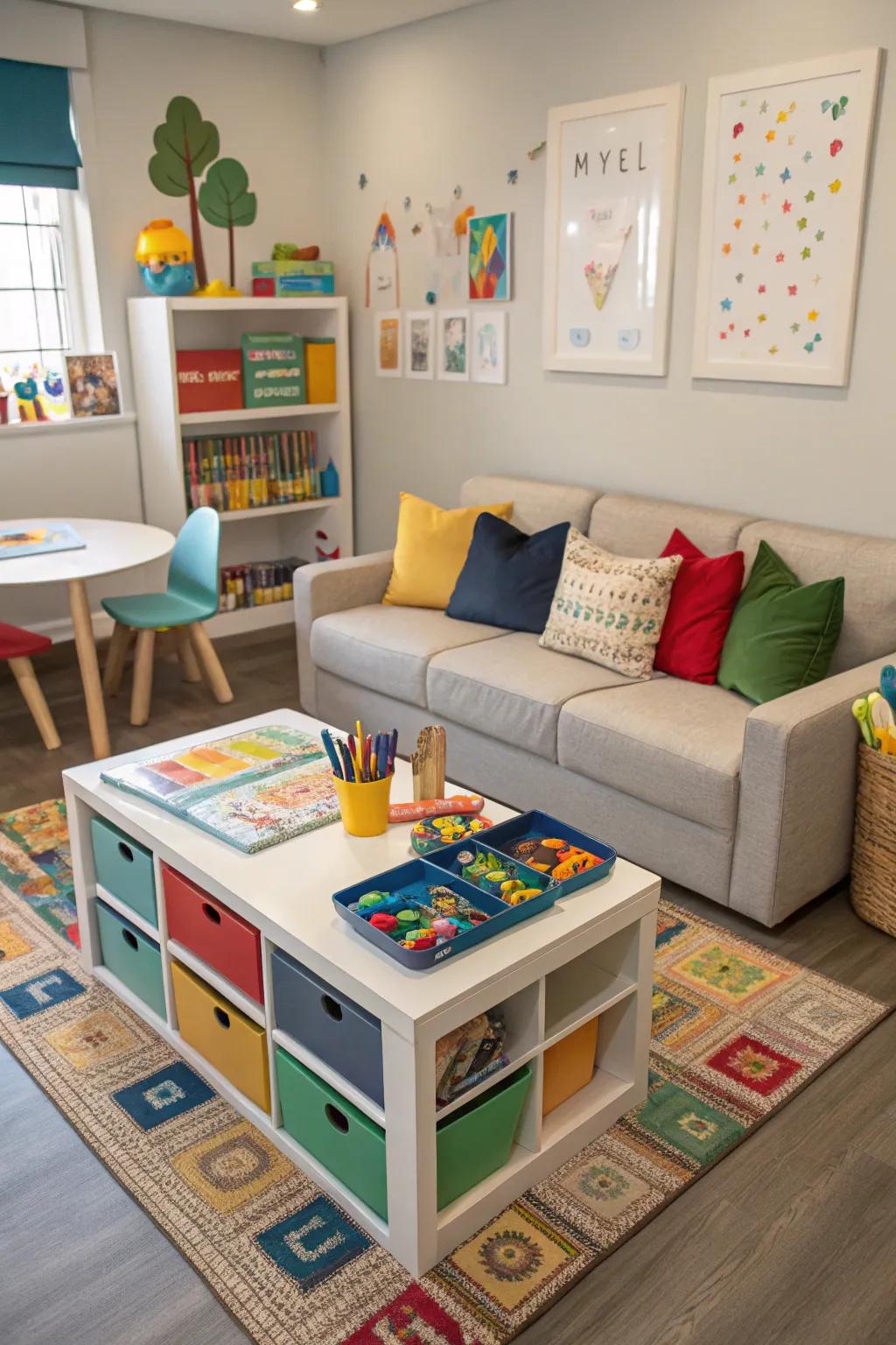 A functional playroom showcases seating featuring an integrated play table.