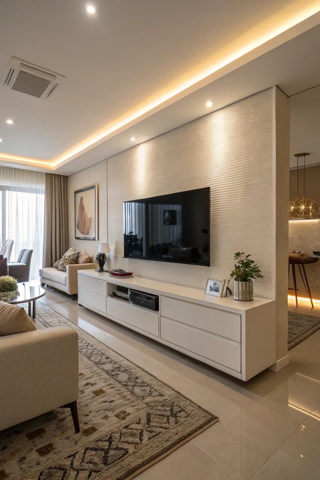 A wall-mounted TV optimizes space and style.