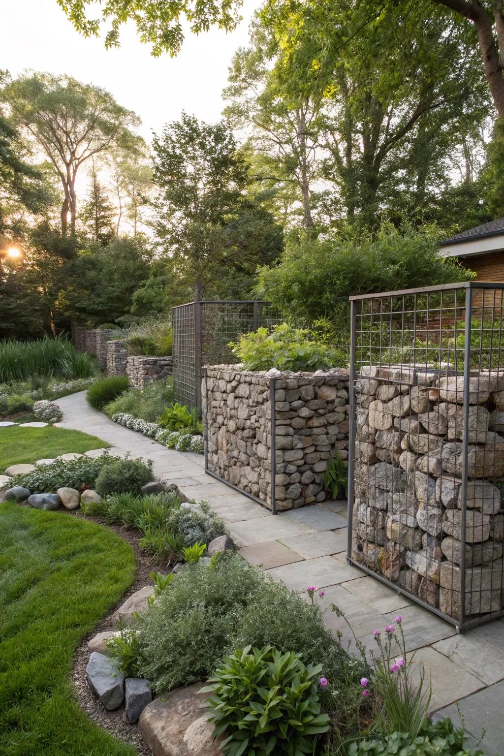Gabions populated with stones deliver architectural intrigue.