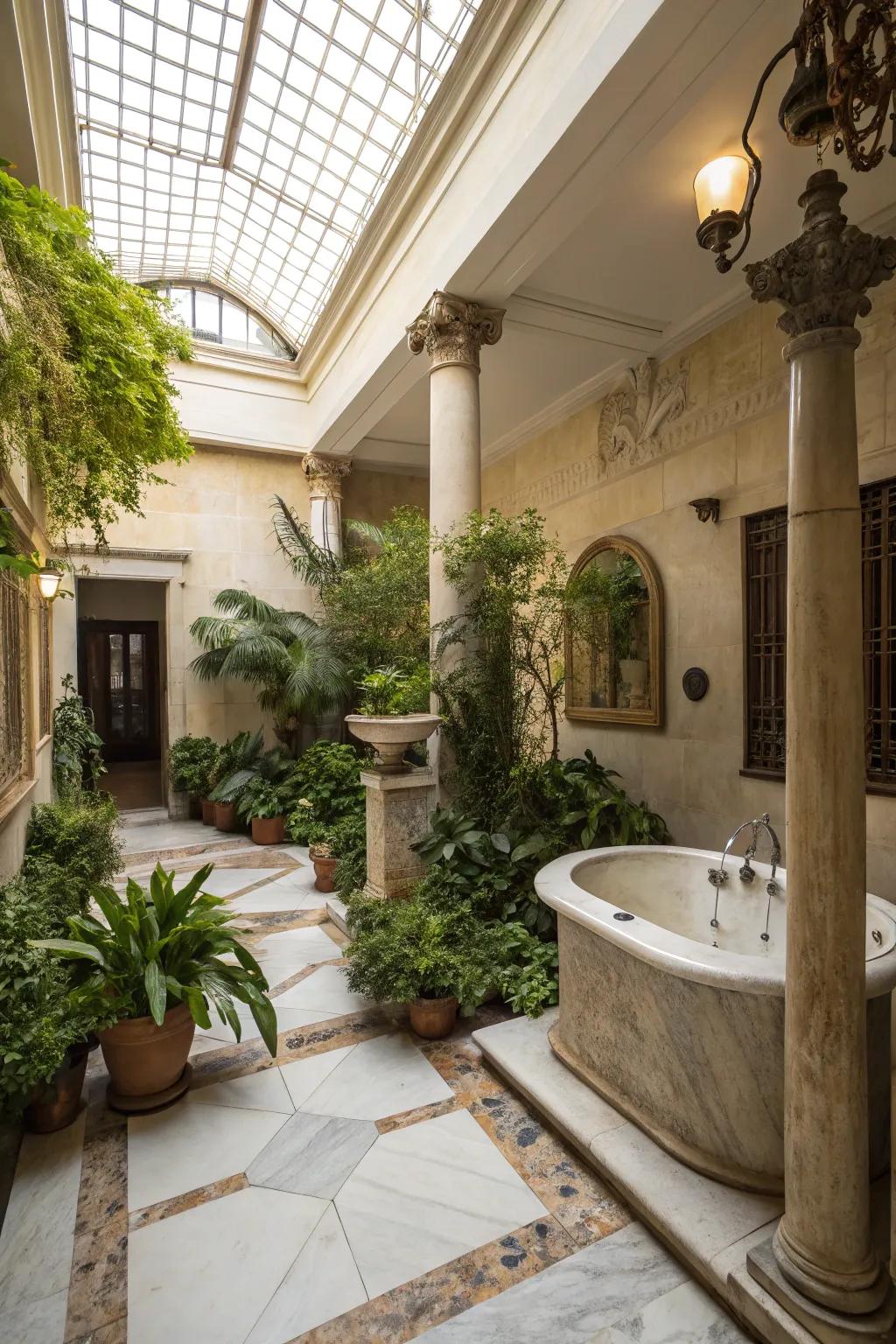 A Roman garden theme delivers the freshness of the outdoors inside.