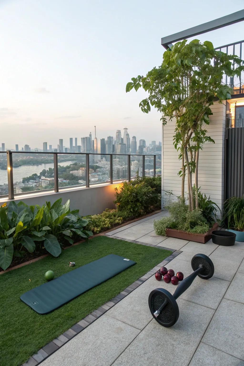 A rooftop gymnasium furnishes a revitalizing venue to exercise with a panorama.