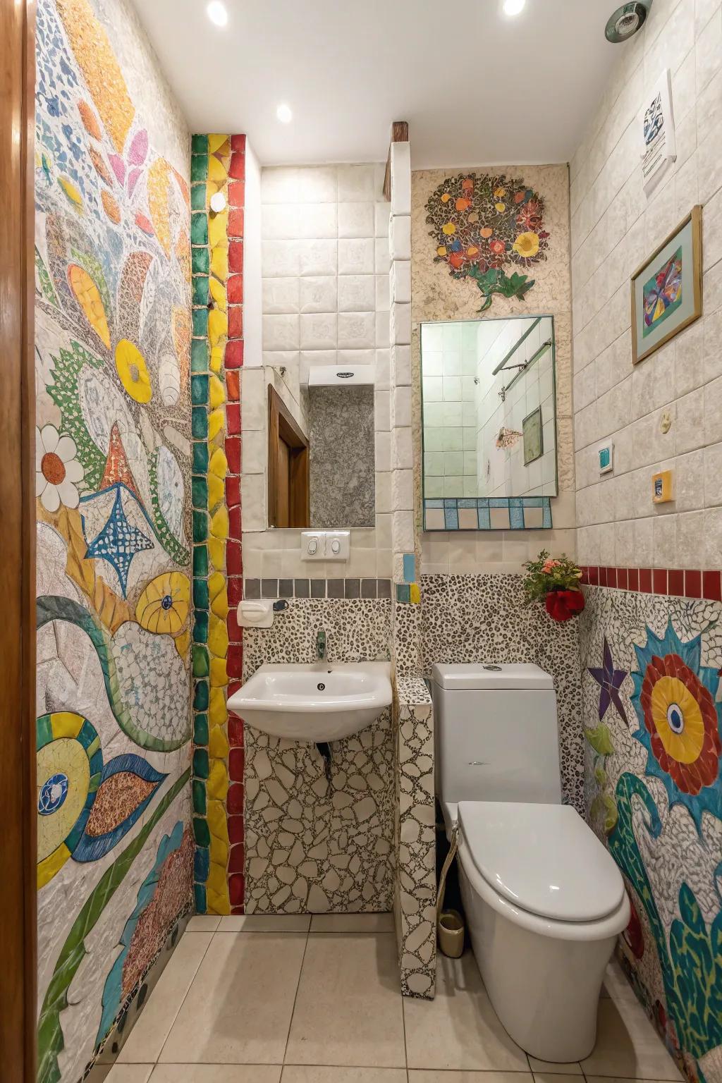 Mosaic panels are showcased in a compact bathroom, transforming the space into a vibrant art display.
