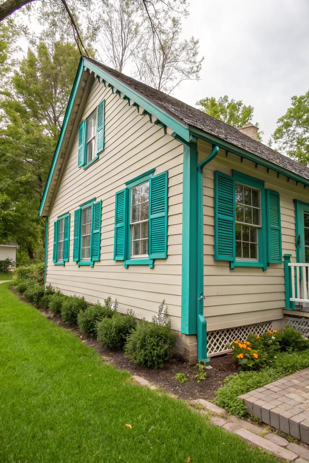 Playful teal screens add a pop of hue to this cottage.
