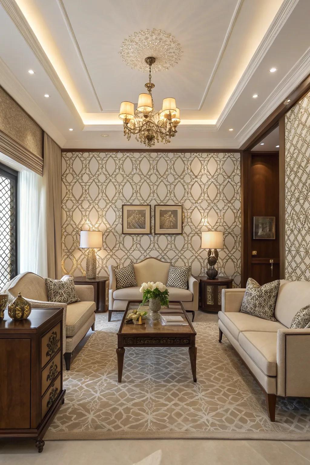A small living room with symmetrical patterns for balance.