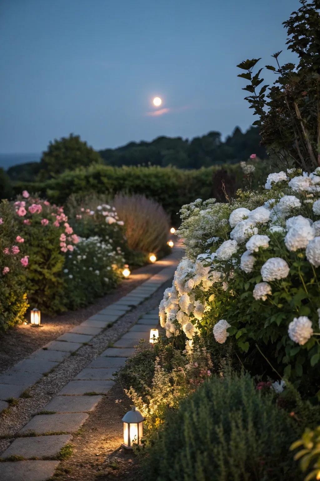 Lunar garden borders glisten softly beneath the constellations.
