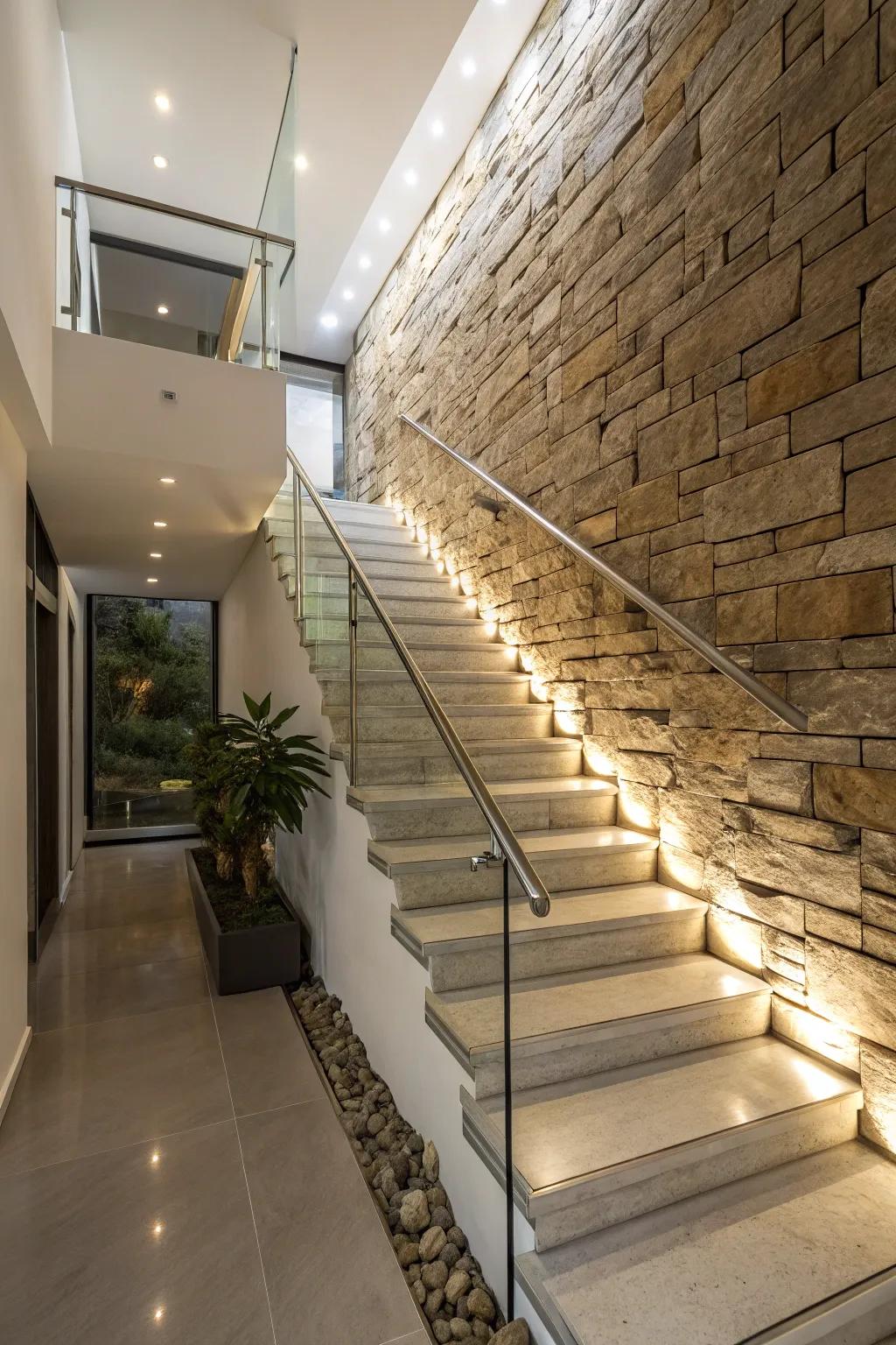 Stone paneling appends a rugged, natural texture to your stairway.