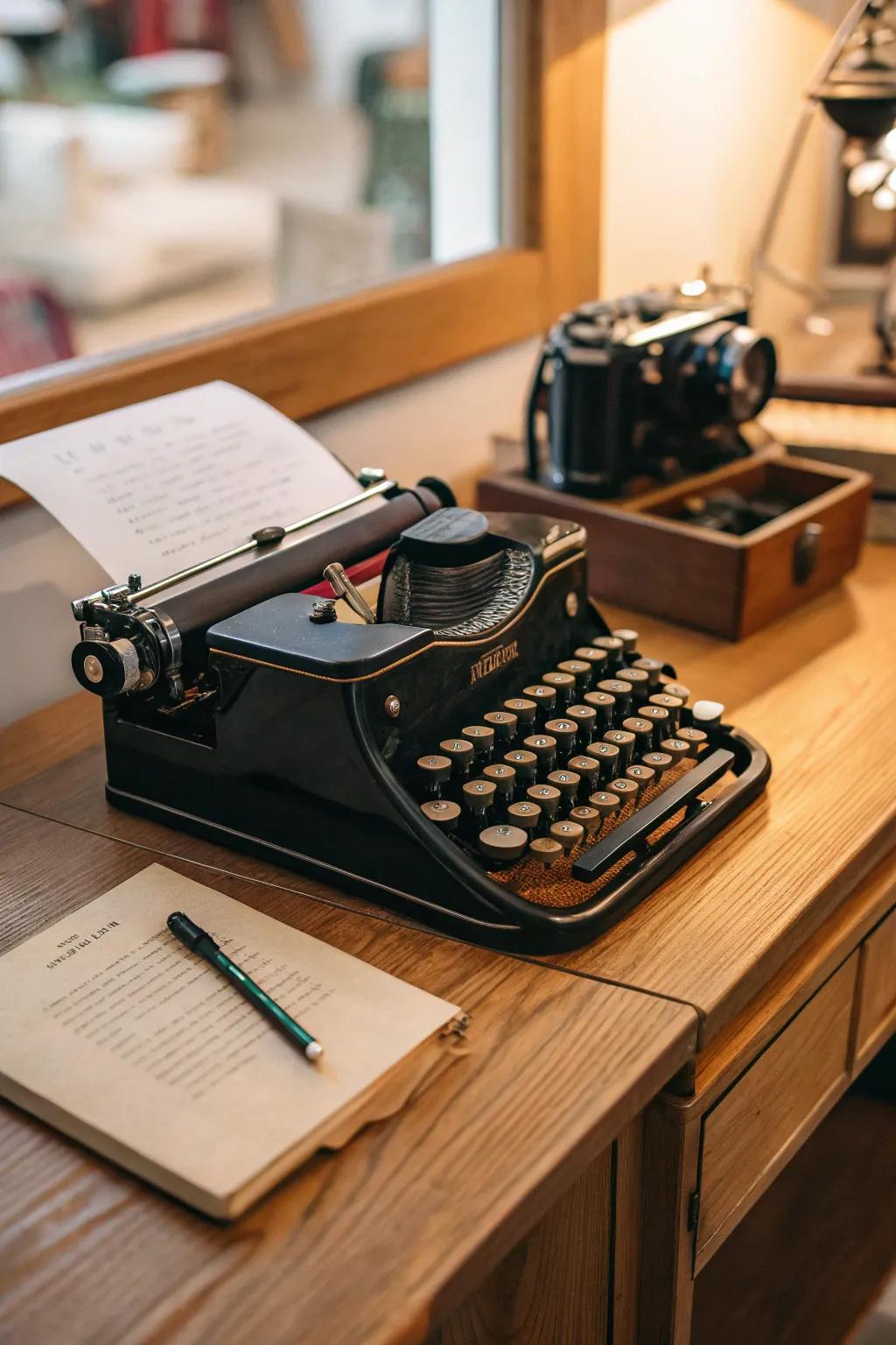 A vintage typewriter contributes a literary nuance to your steampunk decoration.