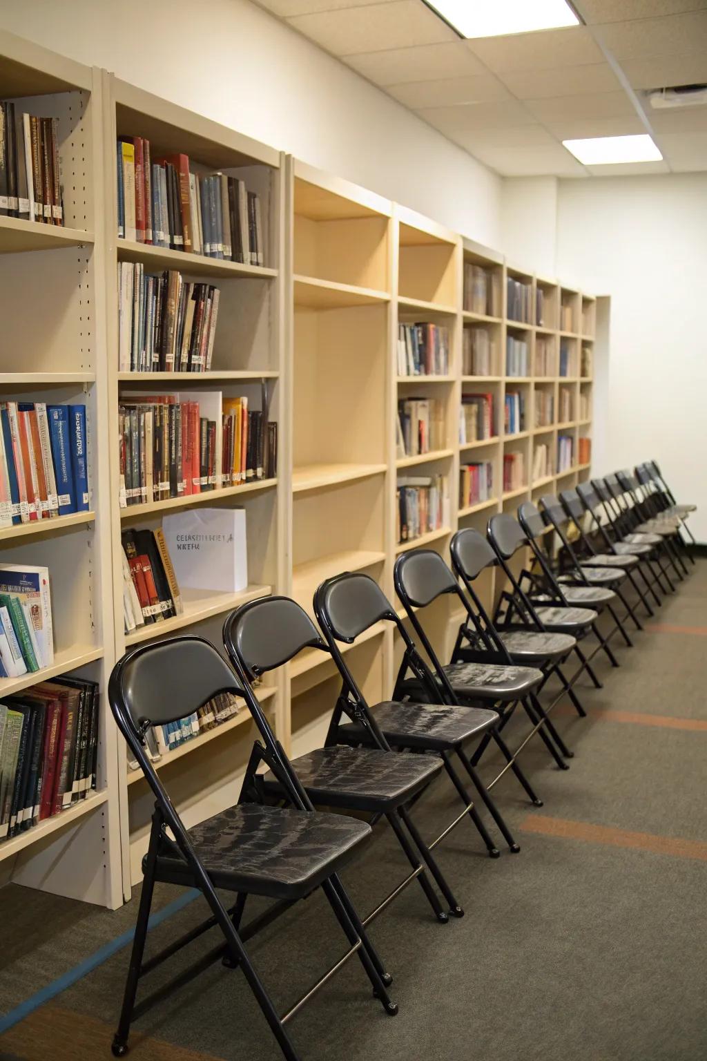 Combine stowage with design by employing a bookcase for folding chairs.