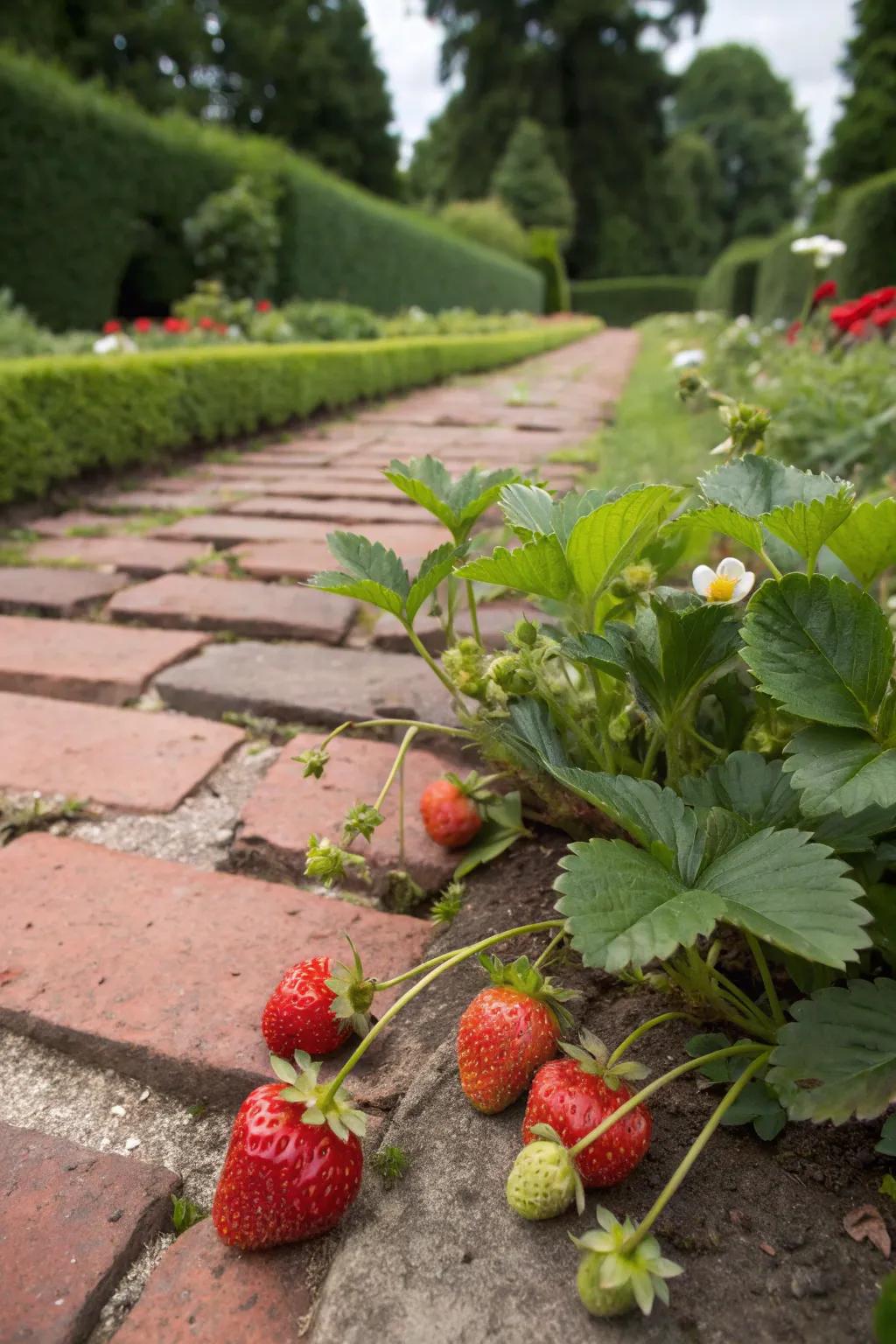 Strawberries thriving within the interstices between paving stones.