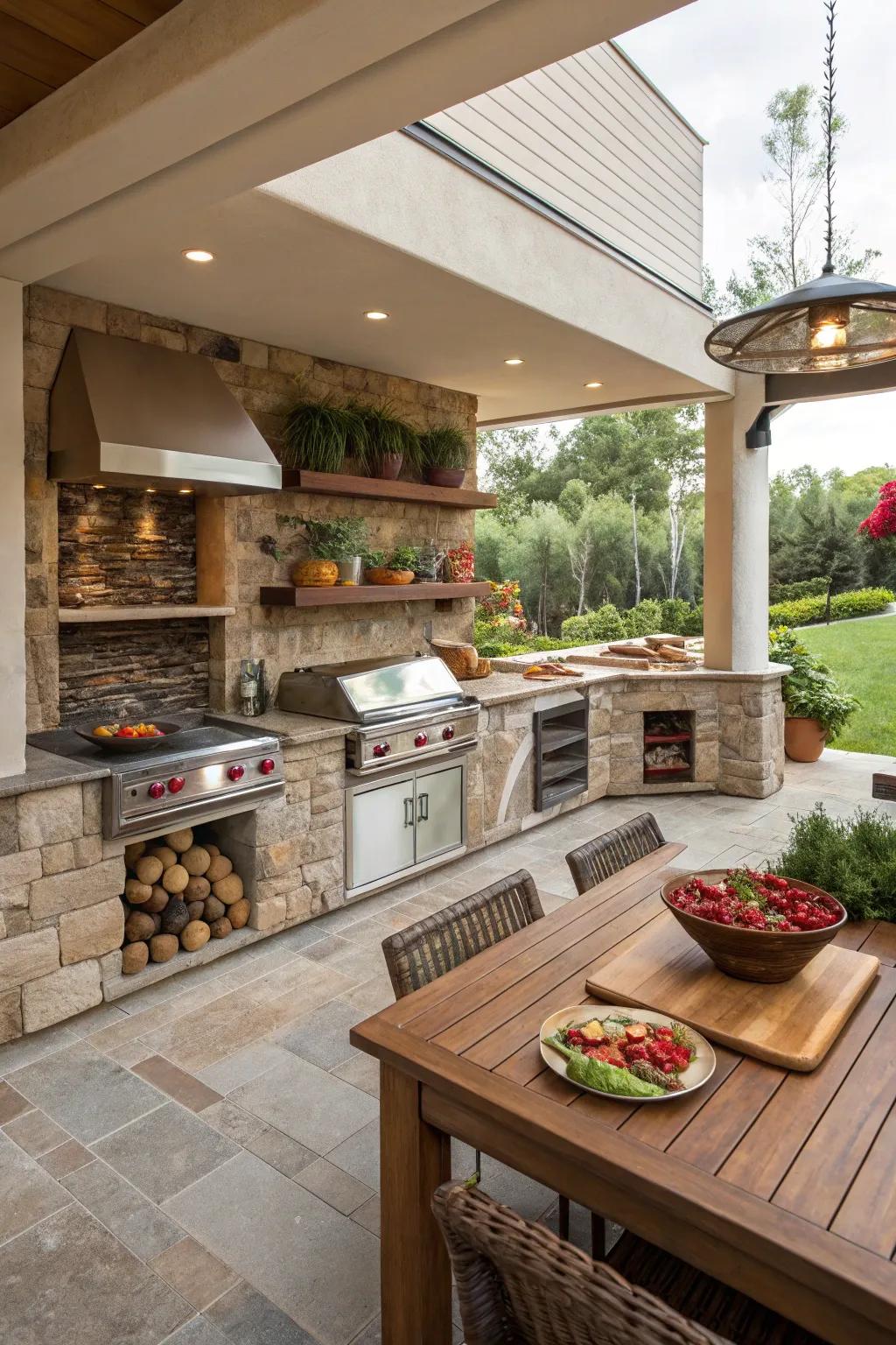 Multi-level cooking areas provide dimension and functionality in a summer kitchen.