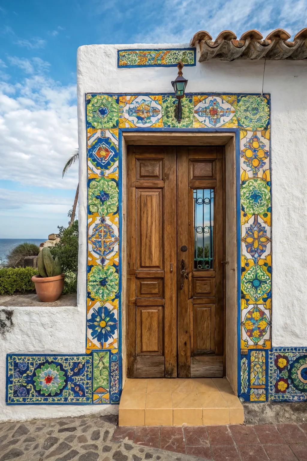 Welcome guests with a dynamically framed Artisan Motif tile door.