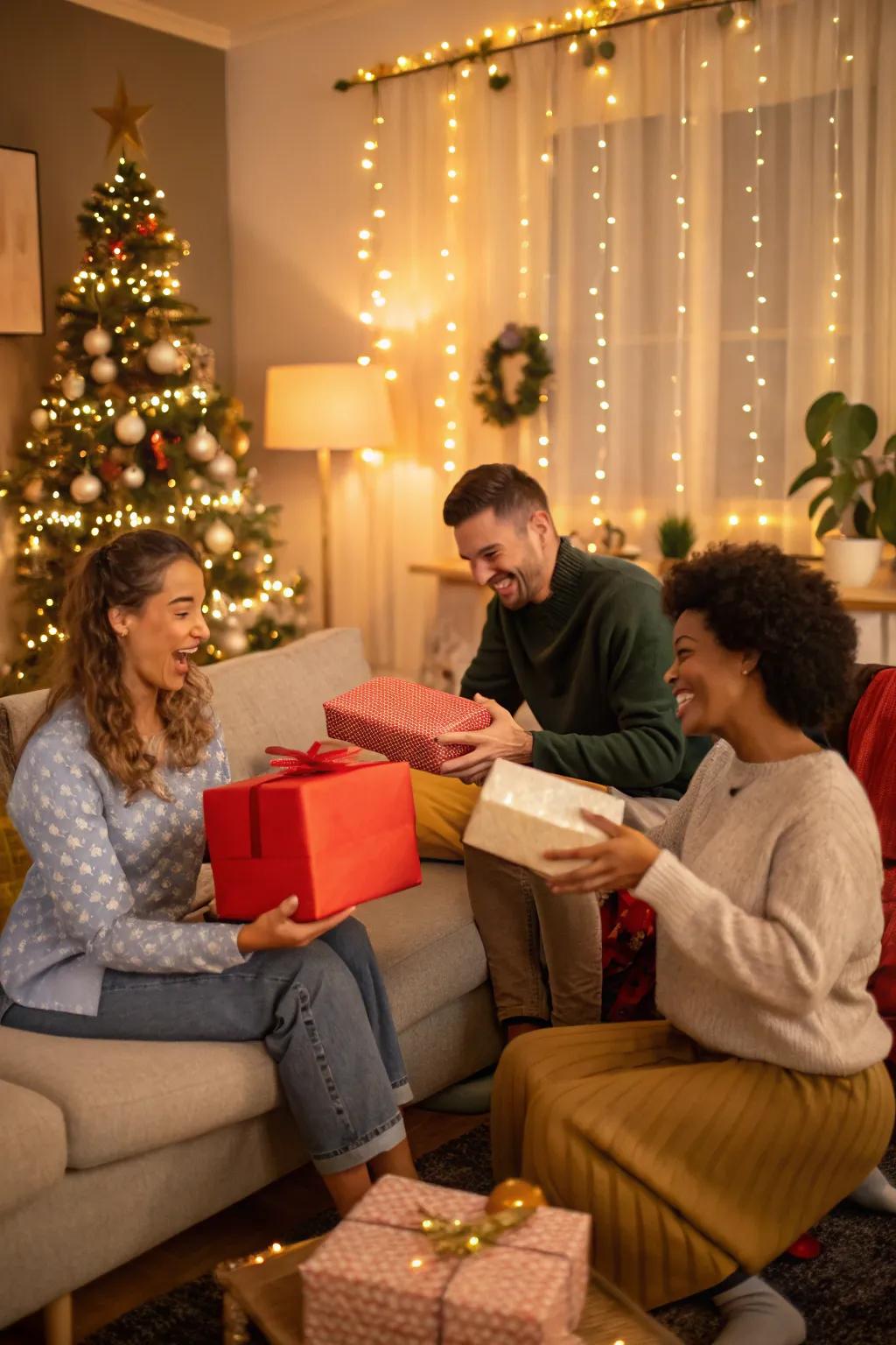 The joy of giving at a surprise gift exchange.