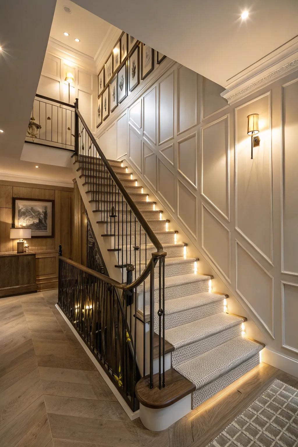 Plank panels make this stairway a standout feature.