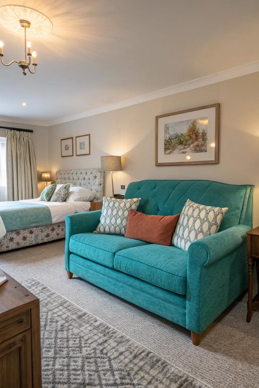 A teal sofa adds a pop of color.