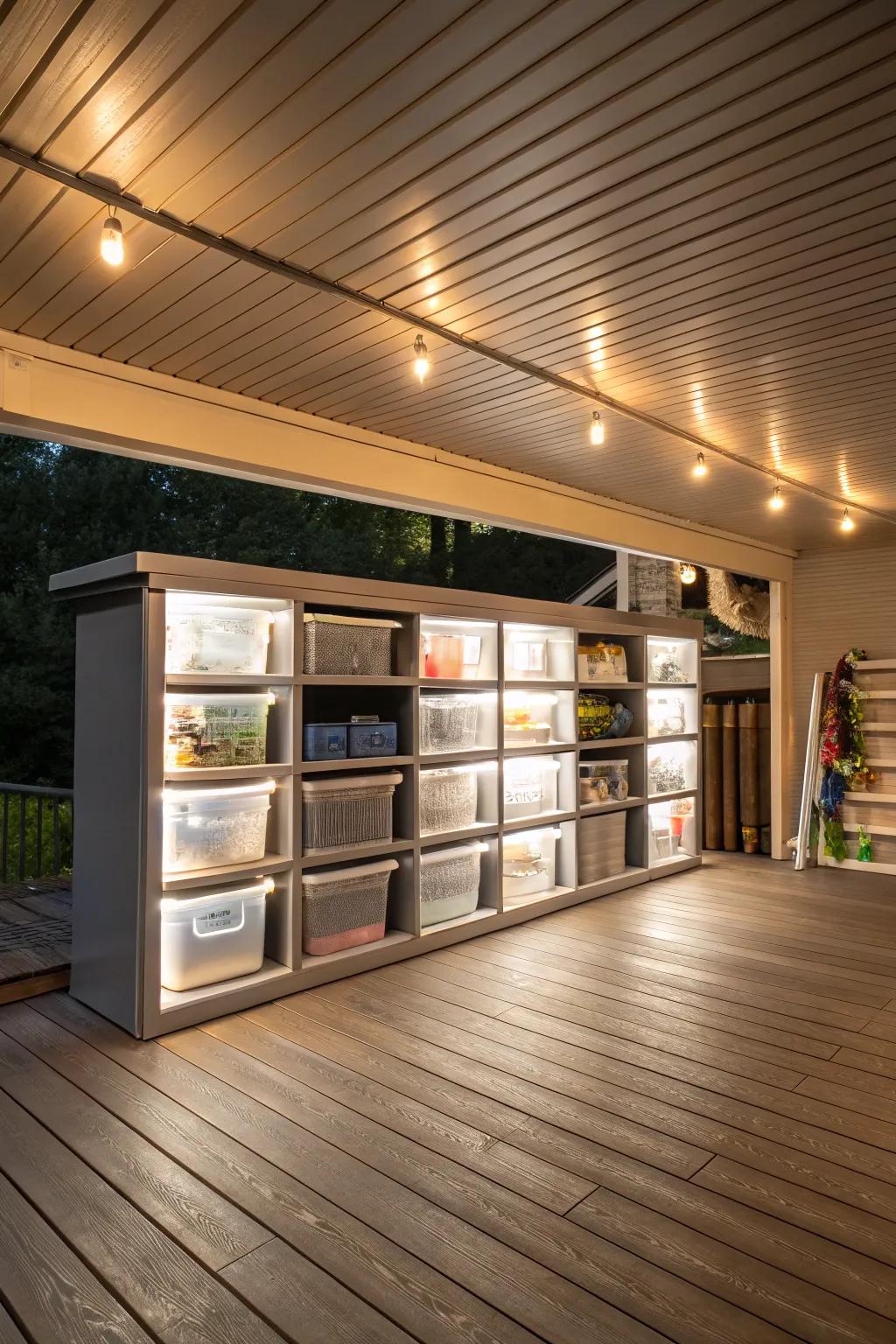 Integrated lighting enhances usability and elegance in storage zones.