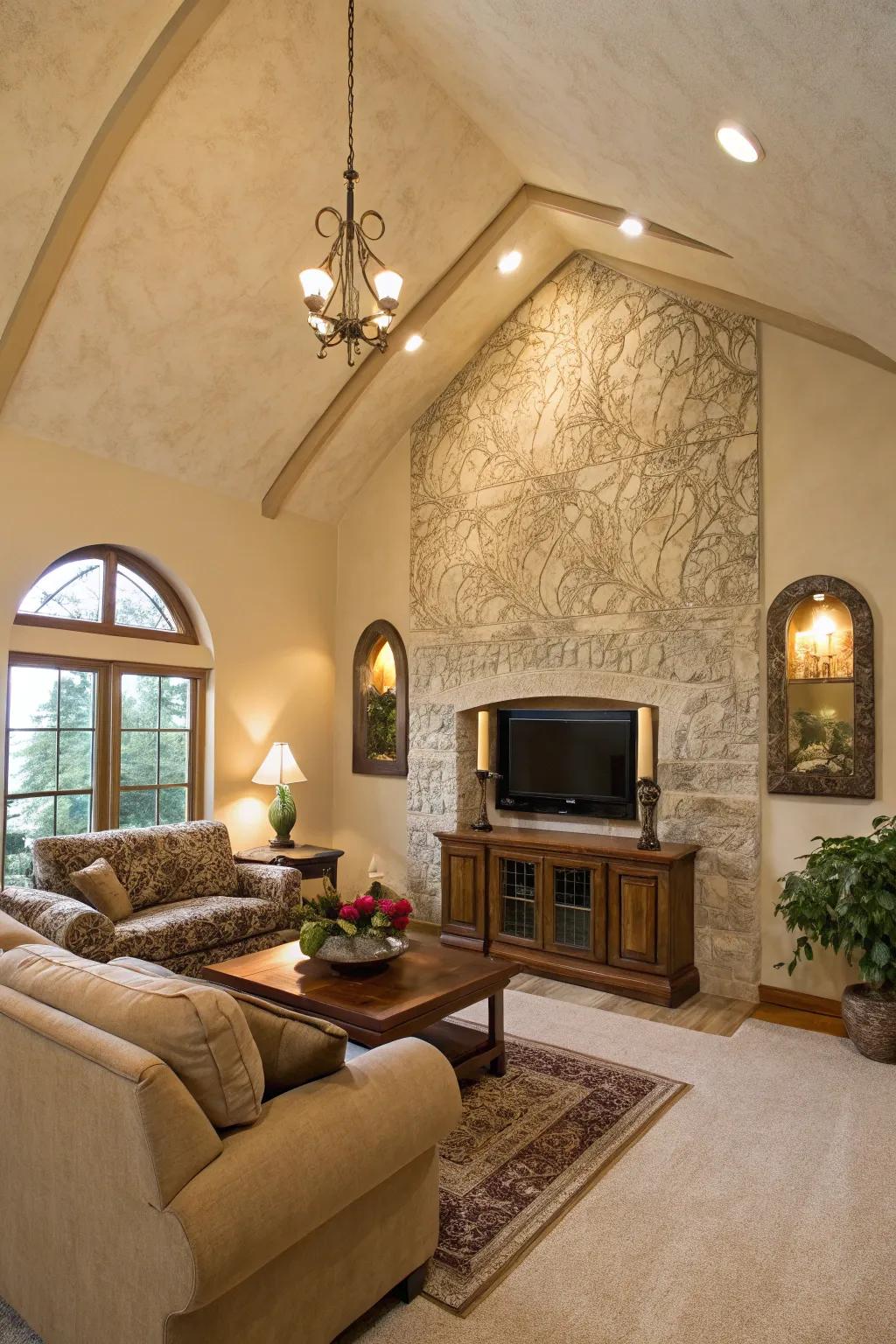 Living room featuring a vaulted ceiling and a stucco-textured accent wall