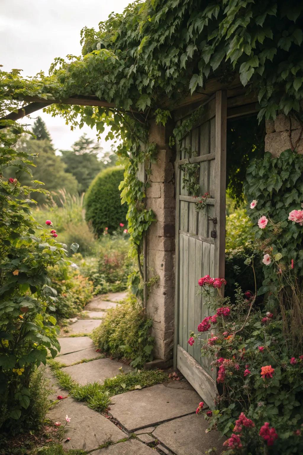 A concealed garden access that invites curiosity and exploration.