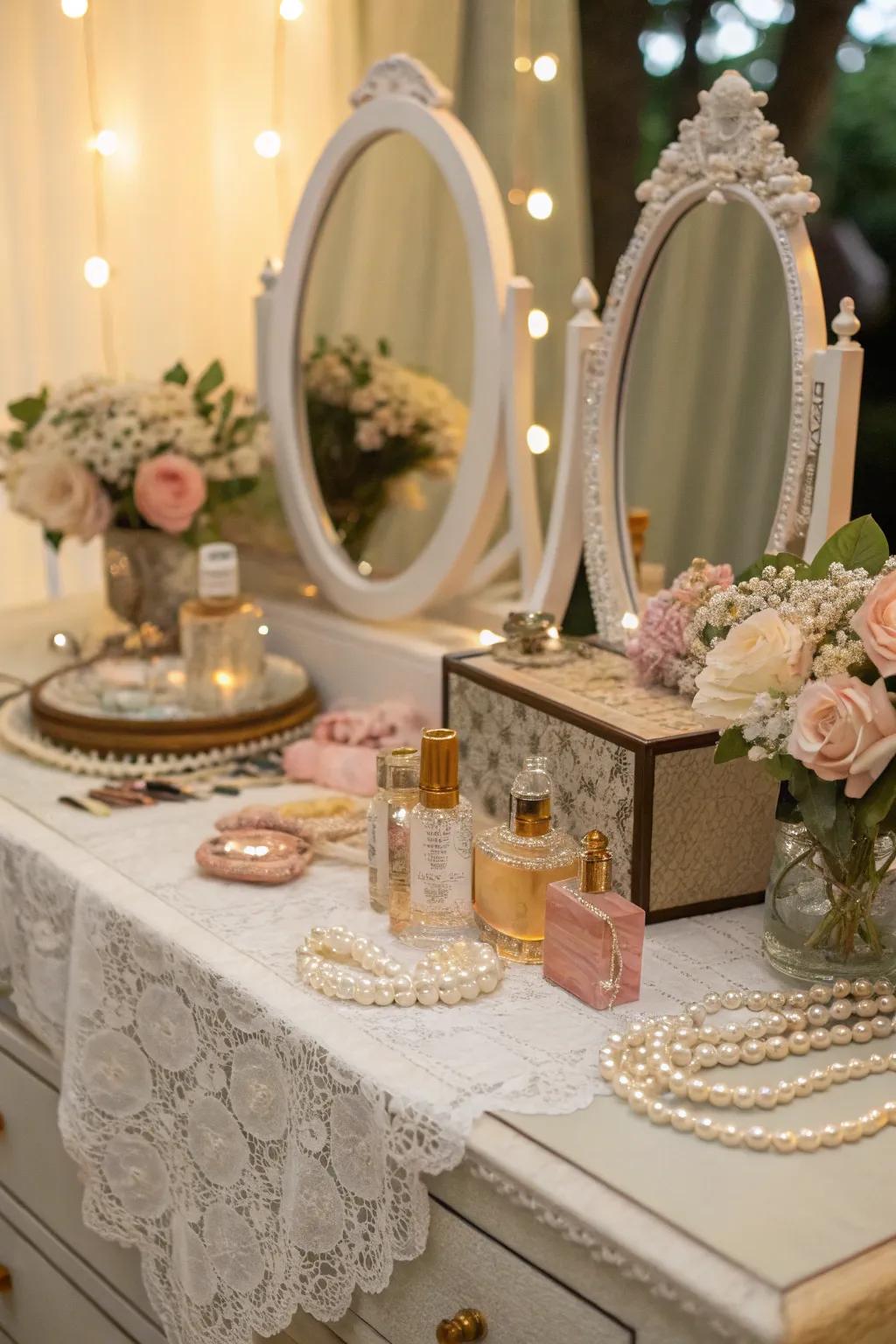 A heritage dressing table vignette with mirrors and fragrance bottles at a wedding.