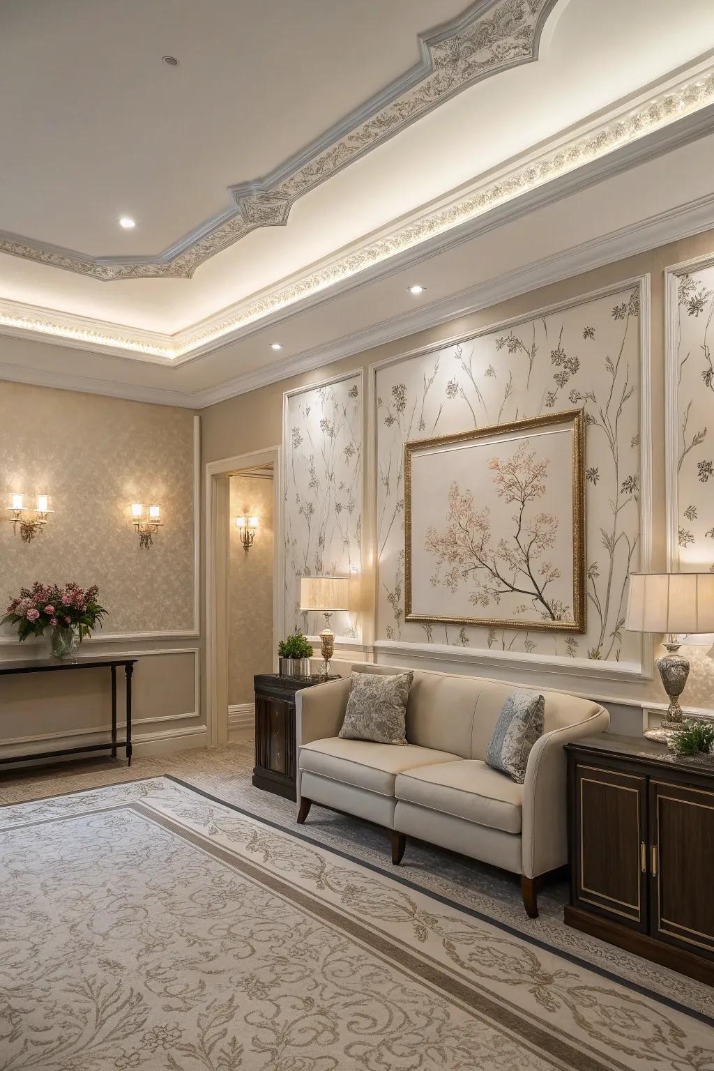 An elegant chamber with an understated wallpaper border that enhances the decor.