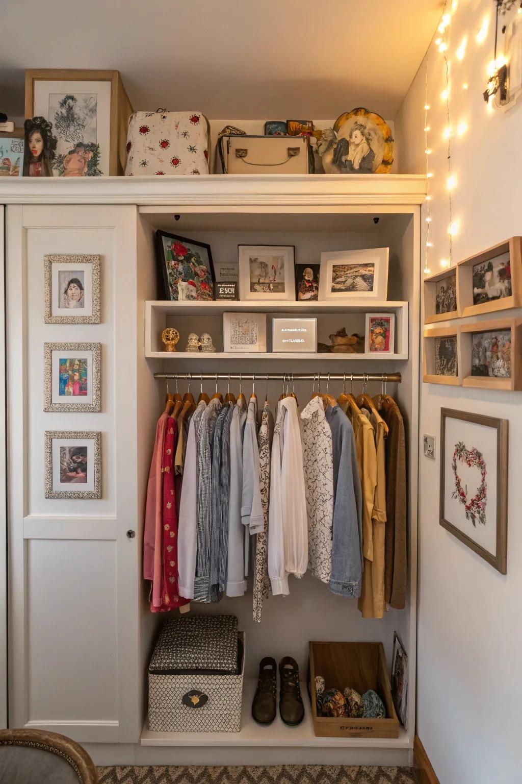 Artwork adds a personal and aesthetic touch to closet spaces.