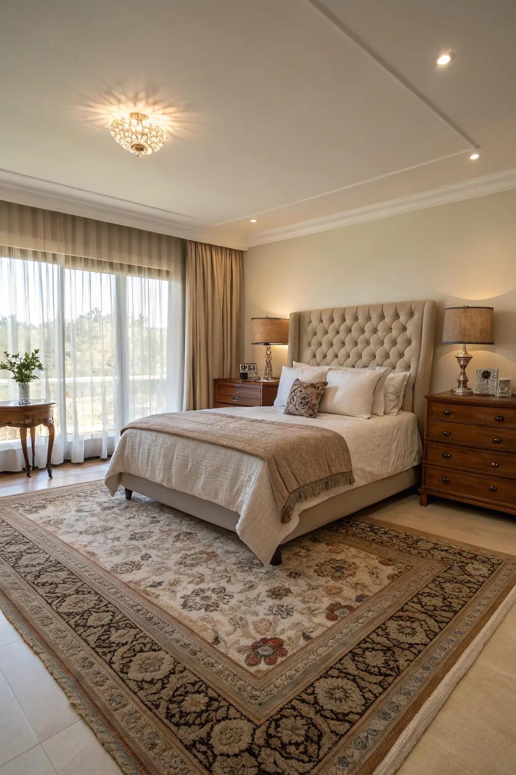 Floor coverings delineate distinct zones within a vast bedroom, organizing space and appending coziness.