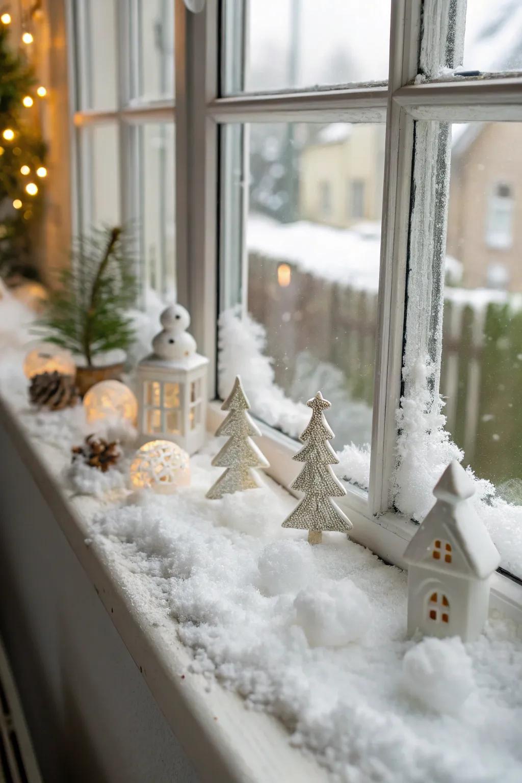 A snow-laden window panorama conveys whimsical winter charm indoors.