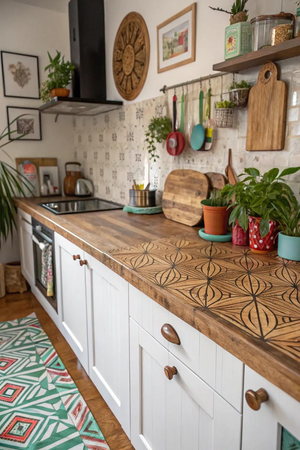 Patterned timber countertops offering a distinctive and playful design.