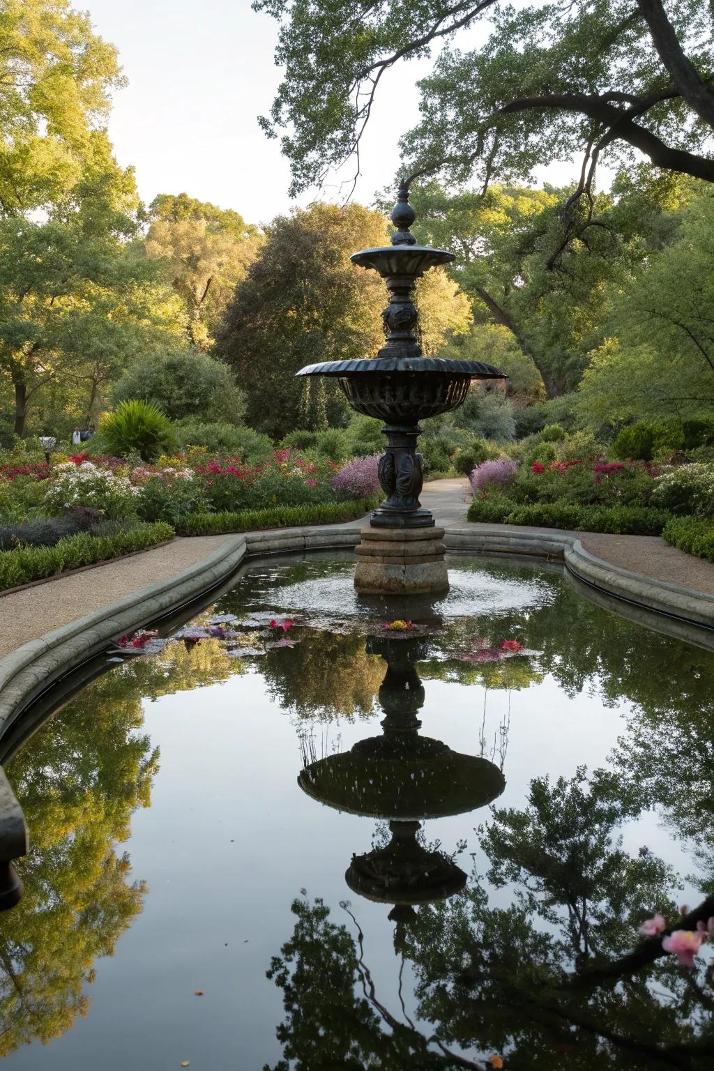 A mirrored reservoir cascade presenting a mirror-like surface within the garden.