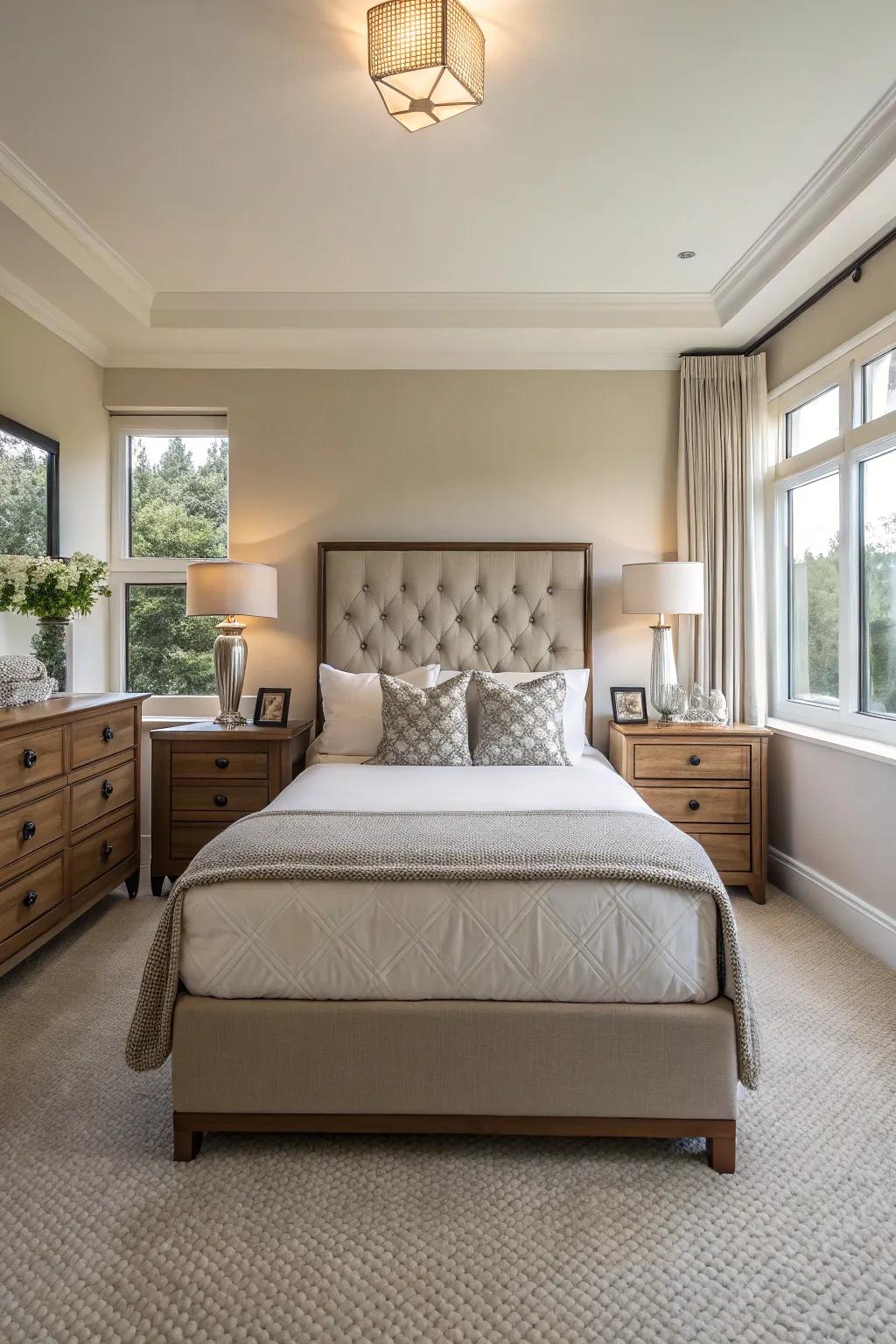 Symmetrical arrangement conveys balance and order to this bedroom.