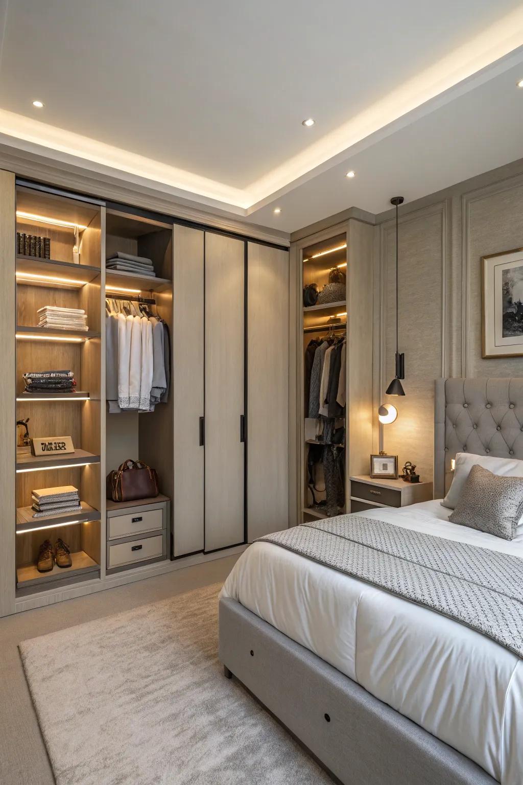 Concealed storage maintains this bedroom organized and clutter-free.