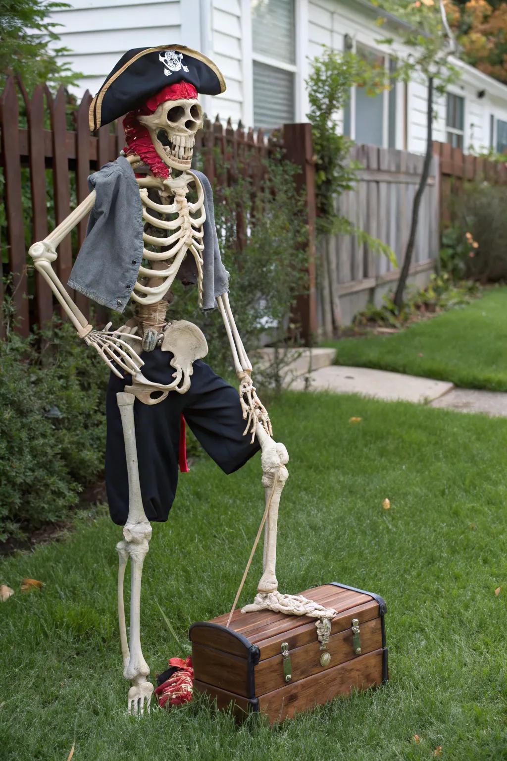 A buccaneer-themed skeleton poised to traverse the Halloween oceans.